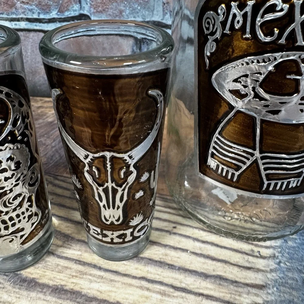 Vintage Mexican Tequila Set Decanter 6 Shot Glasses Silver Brown Overlay Barware